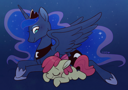 Size: 800x566 | Tagged: safe, artist:cuteosphere, imported from ponybooru, apple bloom, princess luna, alicorn, earth pony, pony, blue background, blushing, eyes closed, female, filly, foal, gradient background, mare, prone, simple background, sleeping, spread wings, wings