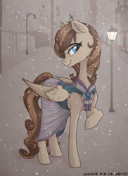 Size: 1024x1408 | Tagged: safe, imported from derpibooru, oc, oc only, oc:milky haven, bat pony, pony, ai content, ai generated, city, clothes, dress, fangs, female, festral, folded wings, generator:pony diffusion v6 xl, generator:stable diffusion, mare, outdoors, prompt in description, prompter:jackiepie, smiling, wings