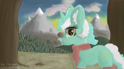 Size: 1276x717 | Tagged: safe, artist:illagain, imported from derpibooru, lyra heartstrings, pony, unicorn, clothes, horn, leg warmers, looking at you, mountain, nature, scarf, smiling, solo