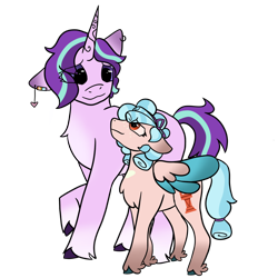 Size: 2500x2500 | Tagged: safe, artist:birbnerd17, imported from derpibooru, cozy glow, starlight glimmer, pegasus, unicorn, alternate style, colored wings, colored wingtips, deviantart, female, fetlock tuft, filly, foal, horn, mare, side by side, simple background, transparent background, unshorn fetlocks, what if, wings