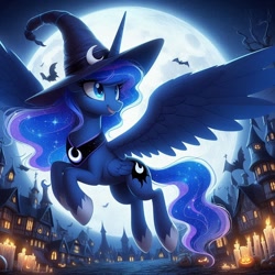 Size: 1024x1024 | Tagged: safe, imported from derpibooru, princess luna, alicorn, bat, pony, ai content, ai generated, candle, clothes, flying, full moon, generator:bing image creator, generator:dall-e 3, halloween, happy, hat, holiday, jack-o-lantern, moon, multiple wings, night, prompter:tychotma-1, pumpkin, smiling, solo, spread wings, street, town, wings, witch hat