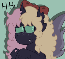 Size: 862x783 | Tagged: safe, artist:fionnaskribbles, imported from derpibooru, oc, oc only, oc:marzipan creme, changeling, pony, bow, broken horn, changeling oc, dialogue, fangs, hair bow, horn, shy, simple background, talking to viewer, two toned mane