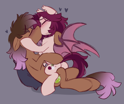 Size: 2469x2085 | Tagged: safe, artist:crimmharmony, imported from derpibooru, oc, oc only, oc:be sharp, oc:crimm harmony, bat pony, earth pony, pony, bat pony oc, bat wings, blushing, duo, ears up, earth pony oc, eyes closed, floppy ears, holding a pony, holding head, kissing, making out, oc x oc, shipping, simple background, sitting, sitting on, sitting on person, sitting on pony, spread wings, wings