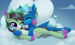 Size: 2695x1606 | Tagged: safe, artist:dusthiel, imported from derpibooru, oc, oc only, pegasus, pony, cloud, cuddling, duo, on a cloud, pegasus oc, wings