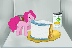 Size: 3742x2515 | Tagged: safe, artist:lillslim, imported from derpibooru, discord, pinkie pie, earth pony, pony, cake, cans, eating, eyes closed, female, food, mare, refrigerator