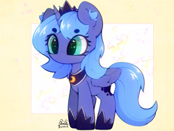 Size: 4000x3000 | Tagged: safe, artist:zokkili, imported from derpibooru, princess luna, alicorn, pony, beanbrows, crown, ear fluff, eyebrows, eyebrows visible through hair, female, folded wings, high res, hoof shoes, horn, jewelry, mare, passepartout, peytral, princess shoes, regalia, signature, solo, tail, wings