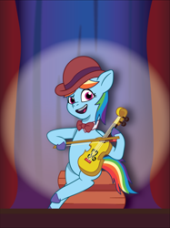 Size: 1134x1513 | Tagged: safe, artist:prixy05, imported from derpibooru, rainbow dash, pegasus, pony, bowler hat, clothes, curtains, female, fiddle, g4 to g5, g5, generation leap, hat, mare, musical instrument, my little pony: tell your tale, necktie, sitting, solo, spotlight, tell your tale style