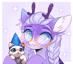 Size: 1280x1133 | Tagged: safe, artist:vinum, imported from derpibooru, cat, pony, :3, blue eyes, commission, cute, glasses, horns, kitten, magic, passepartout, pigtails, purple body, soft color, solo, ych result