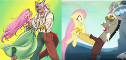 Size: 750x357 | Tagged: safe, artist:dinakyo, imported from derpibooru, discord, fluttershy, human, semi-anthro, to where and back again, age difference, clothes, discoshy, dress, female, humanized, male, reunion, scene interpretation, shipping, straight, suit