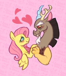 Size: 695x809 | Tagged: safe, artist:jackal_cackle, imported from derpibooru, discord, fluttershy, pony, abstract background, blushing, discoshy, female, heart, holding a pony, holding hooves, looking at each other, looking at someone, male, shipping, shiptober, straight