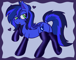 Size: 3877x3089 | Tagged: safe, artist:catponything, imported from derpibooru, oc, oc only, oc:guard cobalt flash, bat pony, bat pony oc, bat wings, clothes, commission, floating heart, freckles, heart, latex, latex socks, lidded eyes, looking back, male, socks, solo, wings, ych result