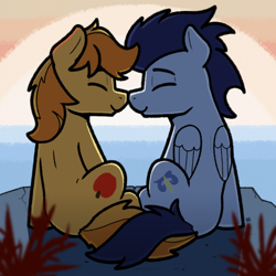 Size: 2048x2048 | Tagged: safe, artist:sefastpone, imported from derpibooru, braeburn, soarin', earth pony, pegasus, digital art, gay, male, nuzzling, ocean, outdoors, shipping, sitting, soarburn, sunset, water