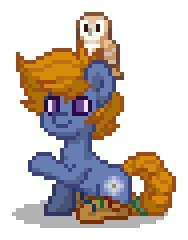 Size: 188x240 | Tagged: safe, imported from derpibooru, oc, oc only, oc:starflower, bird, earth pony, owl, pony, pony town, blue coat, boots, braid, braided tail, clothes, digital art, earth pony oc, magical lesbian spawn, male, offspring, orange hair, parent:applejack, parent:twilight sparkle, parents:twijack, pixel art, purple eyes, raised hoof, shoes, simple background, sitting, solo, stallion, tail, transparent background