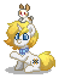 Size: 196x256 | Tagged: safe, imported from derpibooru, oc, oc only, oc:basket weave, pony, rabbit, unicorn, pony town, animal, blue eyes, bowtie, collar, digital art, gradient hair, gradient mane, gradient tail, horn, magical lesbian spawn, male, offspring, orange hair, orange mane, orange tail, parent:fluttershy, parent:rarity, parents:flarity, pixel art, raised hoof, simple background, sitting, solo, stallion, tail, transparent background, unicorn oc, white coat, yellow hair, yellow mane, yellow tail