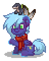 Size: 192x240 | Tagged: safe, imported from derpibooru, oc, oc only, oc:stormy, pegasus, pony, turtle, pony town, blue coat, blue hair, blue mane, blue tail, clothes, digital art, green eyes, male, offspring, parent:rainbow dash, parent:soarin', parents:soarindash, pegasus oc, pixel art, raised hoof, scarf, simple background, solo, stallion, tail, transparent background, wings