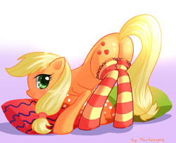 Size: 1000x810 | Tagged: safe, artist:fantazyme, imported from derpibooru, applejack, earth pony, pony, applebutt, blushing, butt, clothes, face down ass up, female, freckles, gradient background, hooves, mare, missing accessory, pillow, plot, presenting, smiling, socks, solo, striped socks