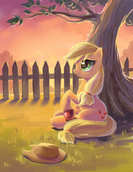 Size: 800x1035 | Tagged: safe, artist:fantazyme, imported from derpibooru, applejack, earth pony, pony, 4everfreebrony, apple, cowboy hat, female, fence, food, hat, obligatory apple, outdoors, solo, sunset, tree