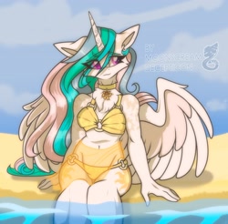 Size: 2560x2515 | Tagged: artist needed, source needed, safe, imported from derpibooru, princess celestia, alicorn, anthro, amulet, beach, belly, belly button, bikini, chest fluff, choker, clothes, female, heart, heart eyes, jewelry, midriff, neck fluff, ocean, outdoors, partially open wings, sarong, sitting, solo, swimsuit, underwear, water, wingding eyes, wings, yellow bikini, yellow swimsuit