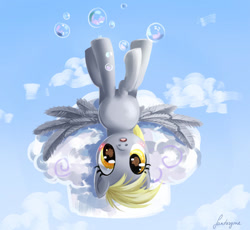 Size: 908x835 | Tagged: safe, artist:fantazyme, imported from derpibooru, derpy hooves, pegasus, pony, bubble, cloud, cloudy, female, mare, outdoors, solo, upside down