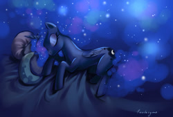 Size: 1348x913 | Tagged: safe, artist:fantazyme, imported from derpibooru, princess luna, alicorn, pony, bed, ethereal mane, female, mare, sleeping, solo, starry mane