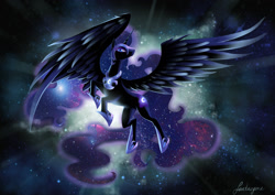 Size: 2117x1500 | Tagged: safe, artist:fantazyme, imported from derpibooru, nightmare moon, alicorn, pony, armor, female, flying, majestic, mare, solo, space, spread wings, wings