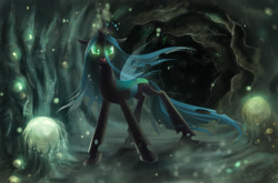 Size: 1700x1120 | Tagged: safe, artist:fantazyme, imported from derpibooru, queen chrysalis, changeling, changeling queen, crown, fangs, female, frown, glowing, glowing eyes, jewelry, open mouth, regalia, solo, standing