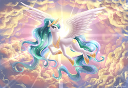 Size: 2124x1474 | Tagged: safe, artist:fantazyme, imported from derpibooru, princess celestia, alicorn, pony, beautiful, cloud, crepuscular rays, female, flying, mare, outdoors, smiling, solo, spread wings, sun, wings