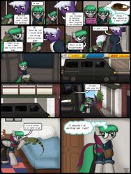 Size: 1750x2333 | Tagged: safe, artist:99999999000, imported from derpibooru, oc, oc only, oc:firearm king, oc:li anna, earth pony, iguana, lizard, pegasus, comic:affection, car, comic, duo, female, food, glasses, male, meat, steak, van