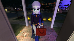 Size: 2560x1440 | Tagged: safe, artist:oatmeal!, imported from derpibooru, maud pie, raven, human, spider, equestria girls, 3d, bag, clothes, costume, dc comics, decoration, gmod, goth, halloween, halloween costume, holding, holiday, jack-o-lantern, legs together, looking at you, night, pumpkin, raven (dc comics), solo, standing, superhero, teen titans, trick or treat