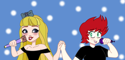 Size: 2094x1011 | Tagged: safe, artist:spike17, imported from derpibooru, spike, human, blondie lockes, blondike, human spike, humanized, microphone, red hair, shipping, singing, smiling, spike x ever after high