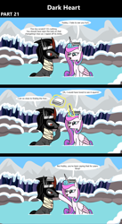 Size: 1920x3516 | Tagged: safe, artist:platinumdrop, imported from derpibooru, king sombra, princess flurry heart, alicorn, pony, unicorn, comic:dark heart, 3 panel comic, alternate timeline, bandage, blood, boop, comic, commission, crown, crystal, crystal empire, dark crystal, dialogue, evil flurry heart, female, flurrybra, folded wings, glowing, glowing horn, hoof on chin, horn, hot springs, husband and wife, injured, jewelry, king sombra is not amused, looking at each other, looking at someone, looking down, magic, male, mare, mountain, mountain range, older, older flurry heart, onsen, open mouth, open smile, outdoors, playful, regalia, rock, shipping, sitting, smiling, smiling at someone, snow, speech bubble, stallion, straight, telekinesis, towel, unamused, victorious villain, wings