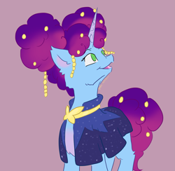 Size: 2545x2480 | Tagged: safe, artist:ollie sketchess, imported from derpibooru, pony, unicorn, spoiler:g5, afro puffs, alternate hairstyle, clothes, dress, female, g5, hair accessory, heavy is the mane that wears the fruit crown, horn, looking up, mare, misty brightdawn, my little pony: tell your tale, open mouth, open smile, rebirth misty, simple background, smiling, standing