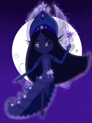 Size: 1536x2048 | Tagged: safe, artist:lnx1ynight16, imported from derpibooru, oc, oc only, oc:princess ika, original species, clothes, dress, elf ears, facial markings, flying, headdress, jewelry, land overlander, looking sideways, moon, night, night sky, outdoors, overlander, regalia, shoes, sky, smiling, solo, sparkles, stars, transparent wings, wand, wings