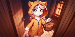 Size: 2400x1200 | Tagged: safe, imported from derpibooru, sweetie belle, pony, semi-anthro, ai content, ai generated, basket, bipedal, candy, clothes, costume, cute, food, hoodie, looking at you, nightmare night, nightmare night costume, prompter:greesys, pumpkin, smiling, smiling at you