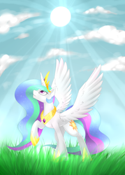 Size: 2070x2898 | Tagged: safe, artist:scarlet-spectrum, imported from derpibooru, princess celestia, alicorn, pony, cloud, crepuscular rays, female, grass, looking up, mare, outdoors, sky, slender, solo, spread wings, sun, thin, wings