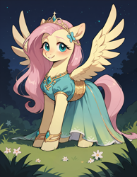 Size: 896x1152 | Tagged: safe, imported from derpibooru, fluttershy, pegasus, pony, ai content, ai generated, clothes, dress, generator:stable diffusion, jewelry, night, outdoors, prompter:gullveigai, spread wings, tiara, wings