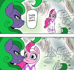 Size: 938x888 | Tagged: safe, artist:sekuponi, imported from derpibooru, fili-second, mane-iac, pinkie pie, earth pony, pony, 2 panel comic, clothes, comic, female, mare, one punch man, ponified scene, power ponies, rock, speech bubble, suit, text, tree