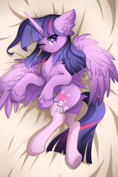 Size: 1280x1921 | Tagged: safe, artist:natanvok, imported from derpibooru, twilight sparkle, alicorn, pony, bed, body pillow, body pillow design, butt, chest fluff, clothes, dock, ear fluff, female, indoors, mare, one eye closed, plot, socks, solo, tail, twibutt, twilight sparkle (alicorn), unshorn fetlocks, wink