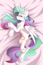 Size: 1280x1921 | Tagged: safe, artist:natanvok, imported from derpibooru, princess celestia, alicorn, pony, body pillow, body pillow design, butt, cute, cutelestia, dock, eyes closed, indoors, lying down, missing accessory, on side, plot, smiling, solo, tail, underhoof