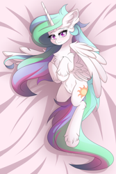 Size: 1280x1921 | Tagged: safe, artist:natanvok, imported from derpibooru, princess celestia, alicorn, pony, belly, belly fluff, blushing, body pillow, body pillow design, chest fluff, cute, cutelestia, hoof fluff, indoors, leg fluff, long mane, long tail, looking at you, smiling, solo, spread wings, tail, unshorn fetlocks, wings