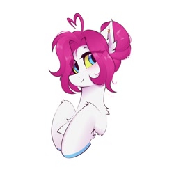 Size: 1280x1280 | Tagged: safe, artist:rieyadraws, imported from derpibooru, oc, oc only, oc:lerk, bat pony, pegasus, pony, blushing, colored hooves, ear fluff, ear piercing, hooves, looking at you, piercing, pink mane, raised hoof, shoulder fluff, simple background, smiling, solo, white background