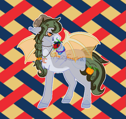 Size: 565x533 | Tagged: safe, artist:azira faerinx, imported from derpibooru, oc, oc only, bat pony, art trade, artificial wings, augmented, fruit, gray coat, green mane, halloween, hat, holding, holiday, magic, magic wings, nose piercing, orange eyes, patterned background, piercing, raspberry, septum piercing, spooky, spots, standing, three toned background, tongue out, wings