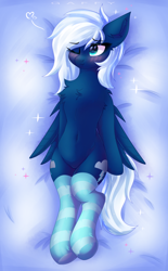 Size: 2300x3700 | Tagged: safe, artist:gaffy, imported from derpibooru, oc, oc only, oc:thunder drop, pegasus, bed, belly, belly button, blushing, chest fluff, clothes, ear fluff, featureless crotch, legs together, lying down, one eye closed, pegasus oc, sexy, socks, striped socks, wings, wink