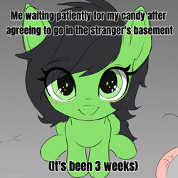 Size: 1897x1896 | Tagged: safe, artist:marshmallowfluff, imported from derpibooru, oc, oc only, oc:filly anon, cute, female, filly, foal, implied kidnapping, looking at you, meme, solo, text