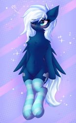 Size: 2300x3700 | Tagged: safe, alternate version, artist:gaffy, imported from derpibooru, oc, oc only, oc:thunder drop, pegasus, abstract background, belly, belly button, blushing, chest fluff, clothes, ear fluff, featureless crotch, legs together, lying down, one eye closed, pegasus oc, sexy, socks, striped socks, wings, wink