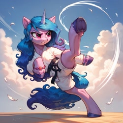 Size: 1024x1024 | Tagged: safe, imported from derpibooru, izzy moonbow, pony, unicorn, ai content, ai generated, black belt, clothes, female, frown, g5, generator:pony diffusion v6 xl, generator:stable diffusion, gi, horn, kick, kicking, mare, martial arts, one leg raised, outdoors, prompter:not lawrence, solo