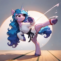 Size: 1024x1024 | Tagged: safe, imported from derpibooru, izzy moonbow, pony, unicorn, ai content, ai generated, black belt, clothes, female, g5, generator:pony diffusion v6 xl, generator:stable diffusion, gi, horn, kick, kicking, mare, martial arts, one leg raised, prompter:not lawrence, solo