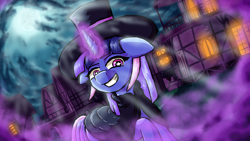 Size: 2560x1440 | Tagged: safe, artist:jusussi, imported from derpibooru, oc, oc only, oc:flawless sparklemoon, pony, unicorn, cloak, clothes, confetti, female, fusion, fusion:trixie, fusion:twilight sparkle, fusion:twixie, hat, horn, mare, my little pony the movie: the death of twilight sparkle, smiling, solo, starry eyes, top hat, wingding eyes