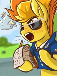 Size: 3067x4096 | Tagged: safe, artist:simplesaemple, imported from derpibooru, derpy hooves, spitfire, pegasus, pony, clothes, cloud, drill sergeant, freckles, notebook, outdoors, pencil, sunglasses, uniform, wonderbolt trainee uniform, yelling