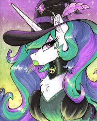 Size: 4757x5934 | Tagged: safe, artist:dandy, imported from derpibooru, princess celestia, alicorn, pony, bone, buckle, candy, chest fluff, choker, clothes, copic, ear fluff, feather, female, food, gameloft, gameloft interpretation, gradient background, hat, horn, lollipop, looking at you, solo, traditional art, witch costume, witch hat